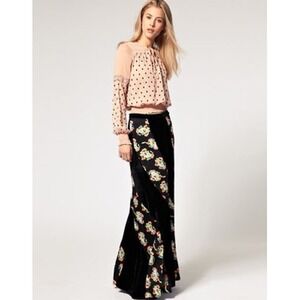 Free People Velvet‎ Floral Panel Maxi Skirt Boho Retro Romantic Black Size 2